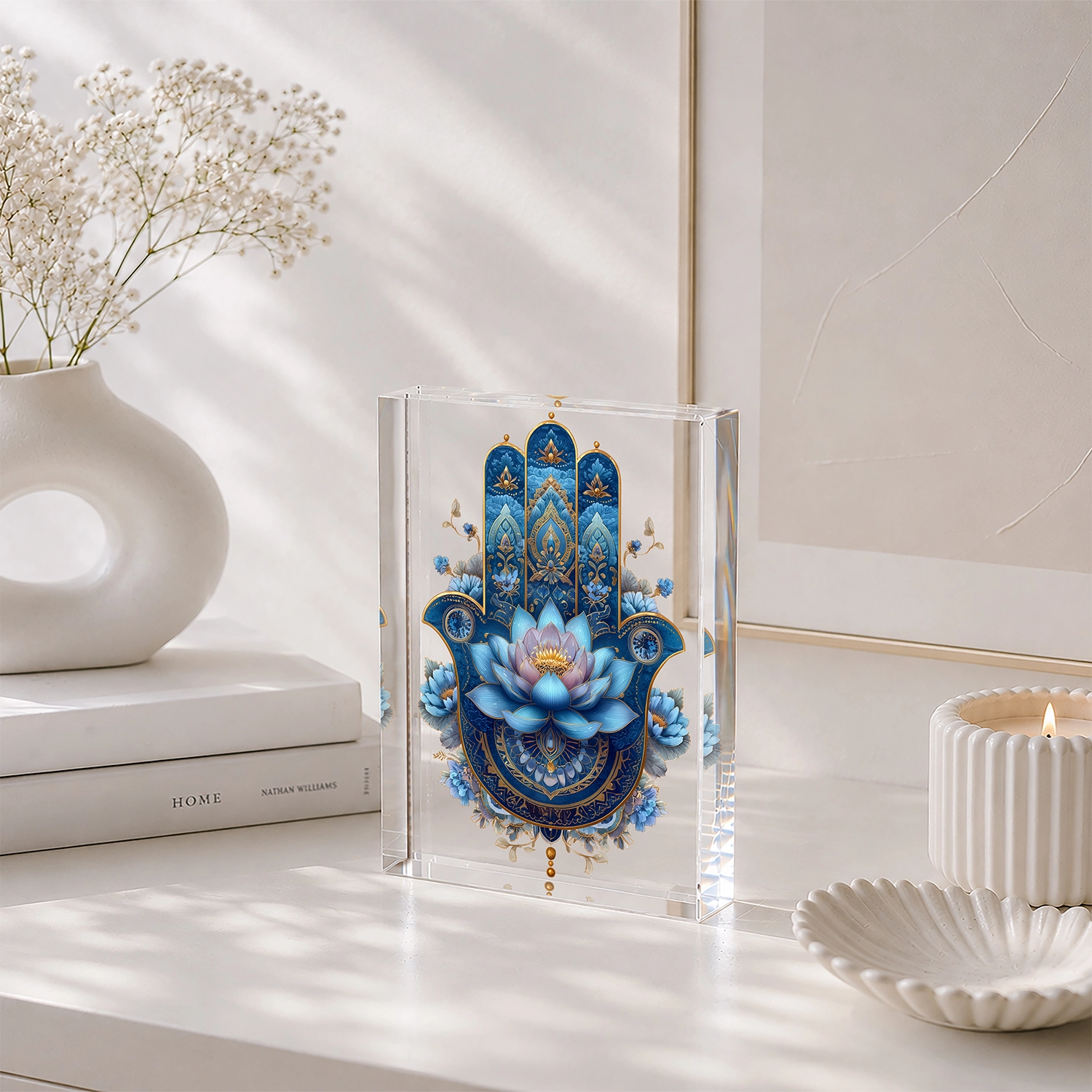 Lotus & Hamsa – Mavi Mandala Akrilik Cam Blok