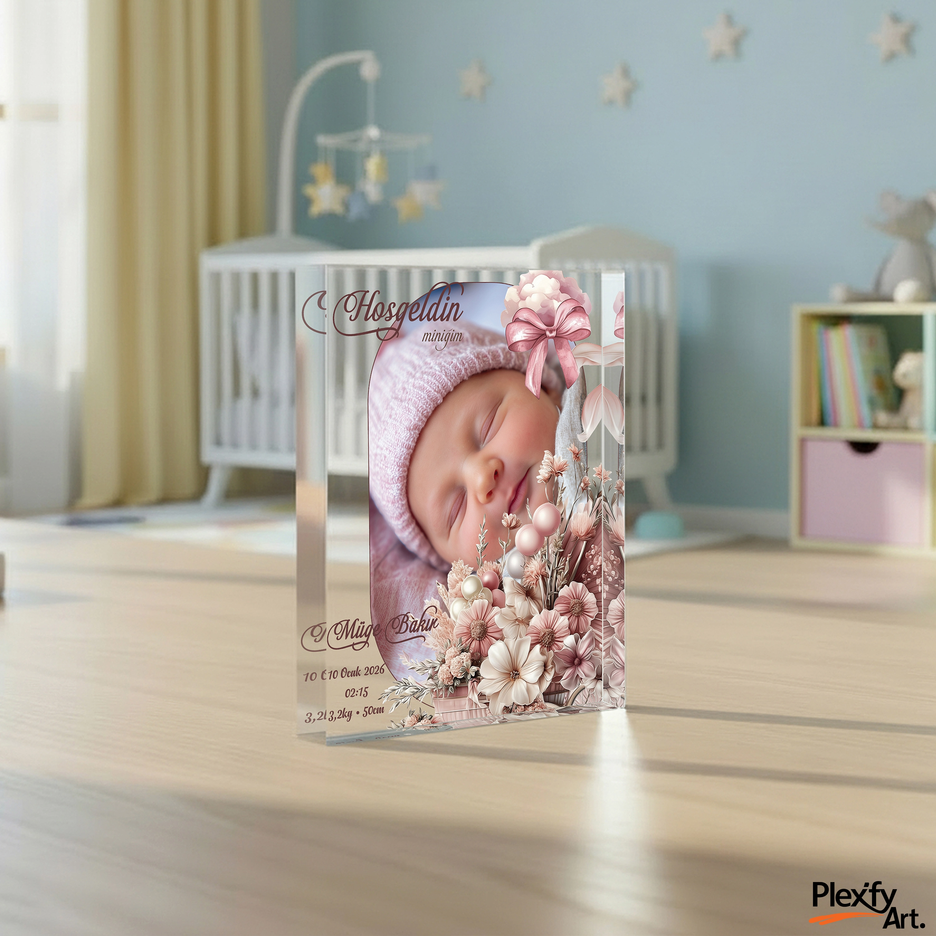 Kişiye Özel Bebek Fotoğraflı Doğum Panosu – Çiçekli Dikey Akrilik Cam Blok