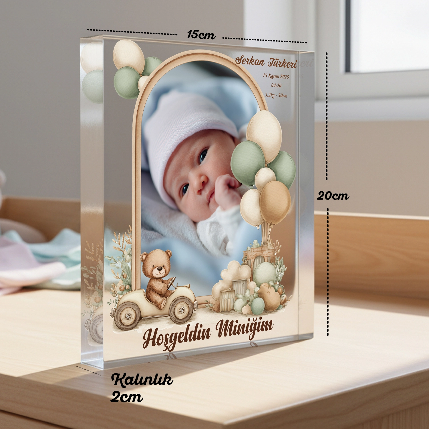 Yeni Doğan Anı Bloku – Fotoğraf & Doğum Bilgili Dikey Akrilik Blok