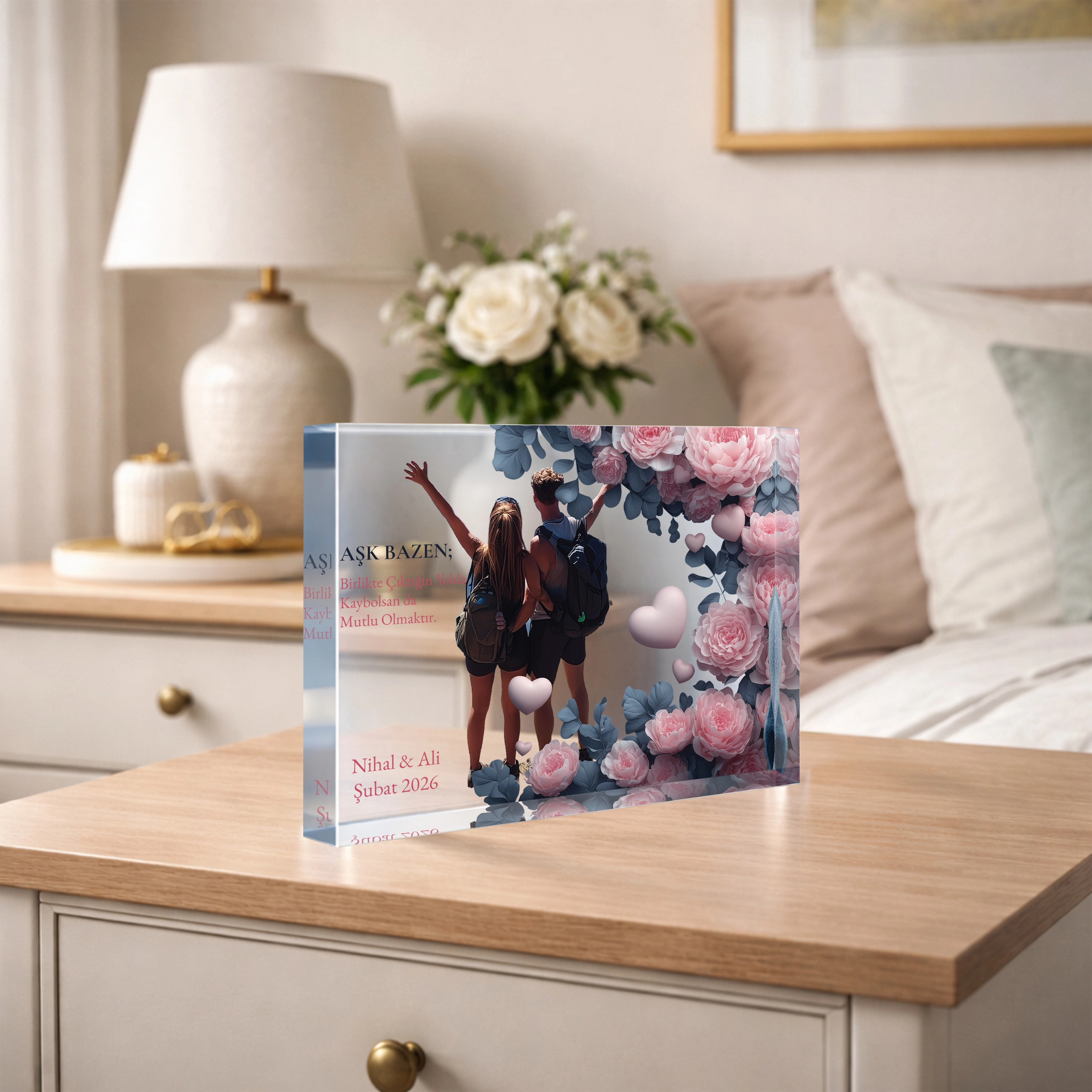 Romantik Çiçek Çerçeveli Fotoğraf & Yazı Kişiselleştirilebilir Akrilik Blok