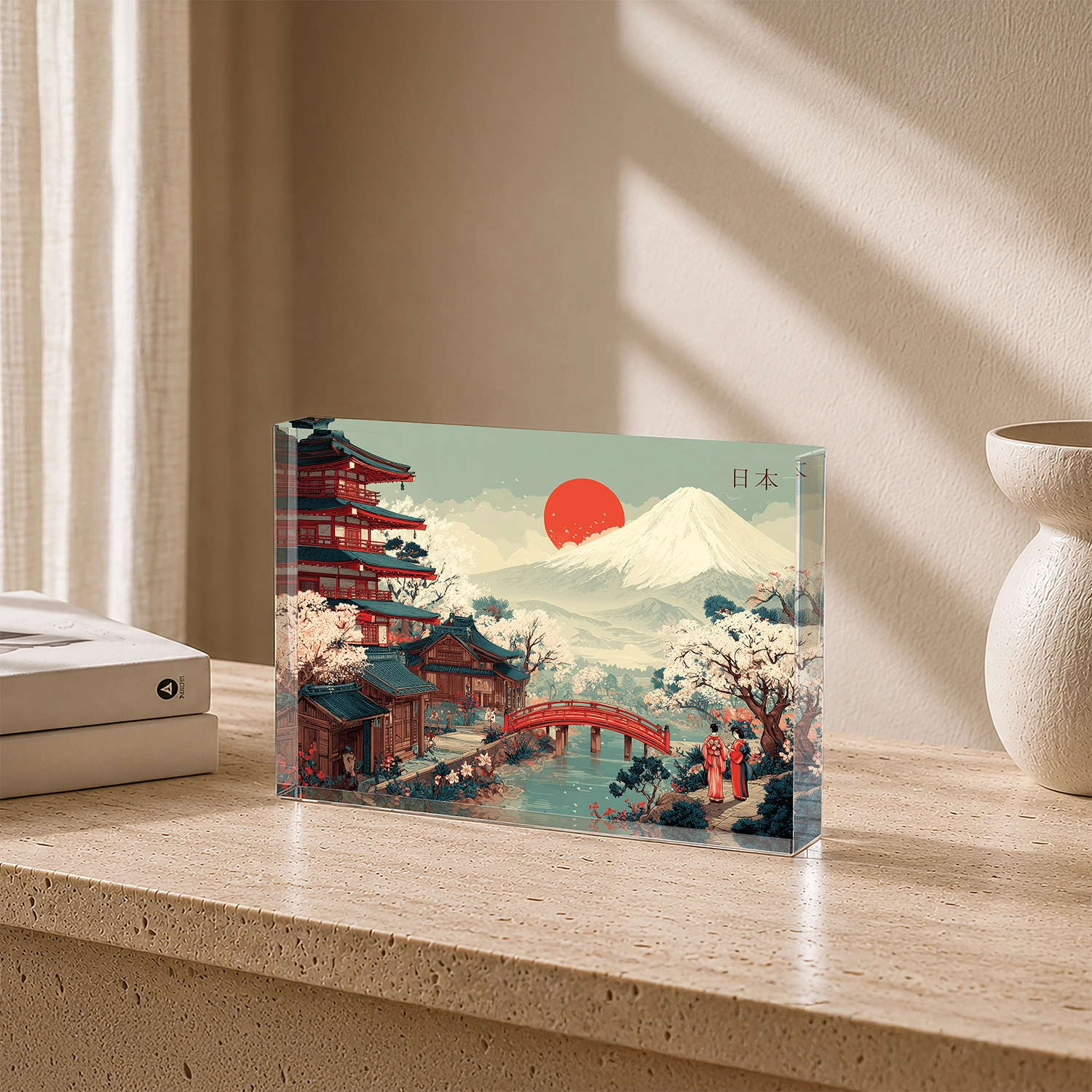 Fuji Dağı ve Japon Manzarası – Akrilik Cam Blok