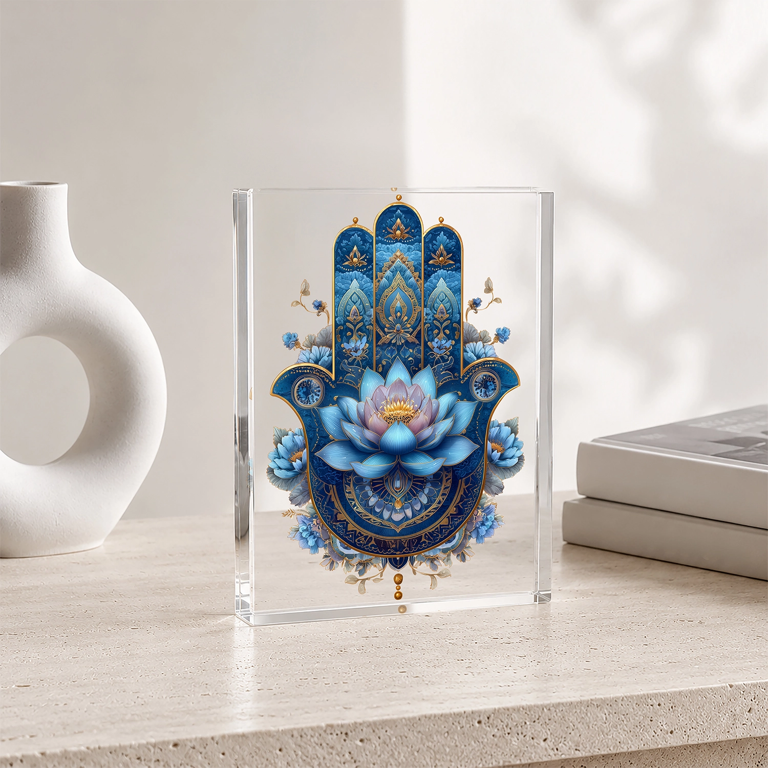 Lotus & Hamsa – Mavi Mandala Akrilik Cam Blok