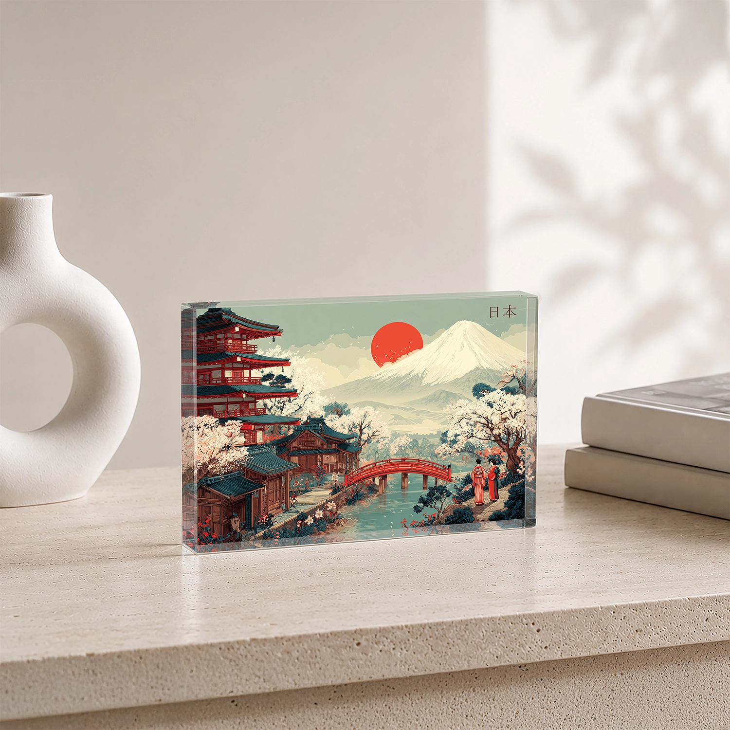 Fuji Dağı ve Japon Manzarası – Akrilik Cam Blok