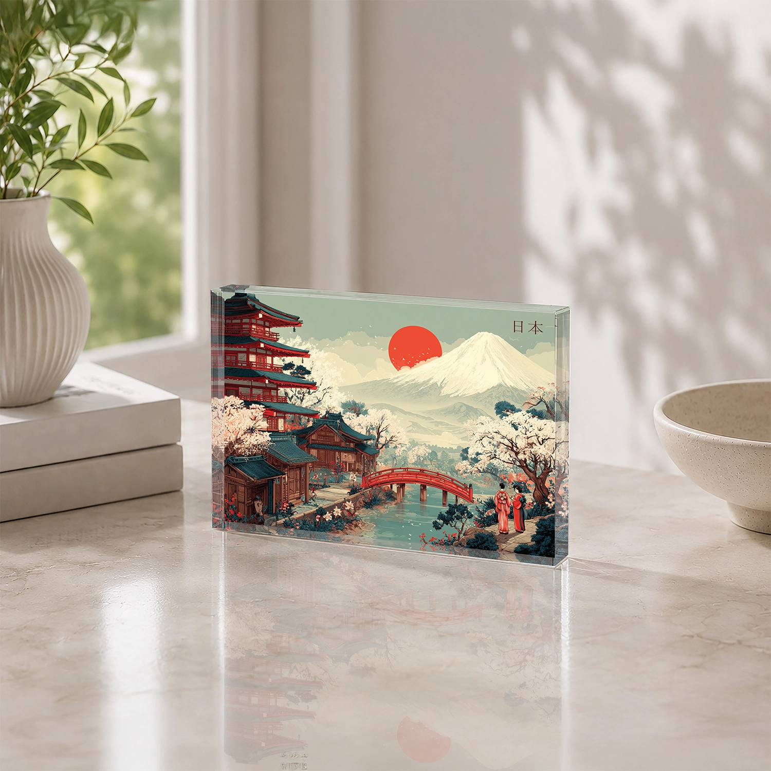 Fuji Dağı ve Japon Manzarası – Akrilik Cam Blok