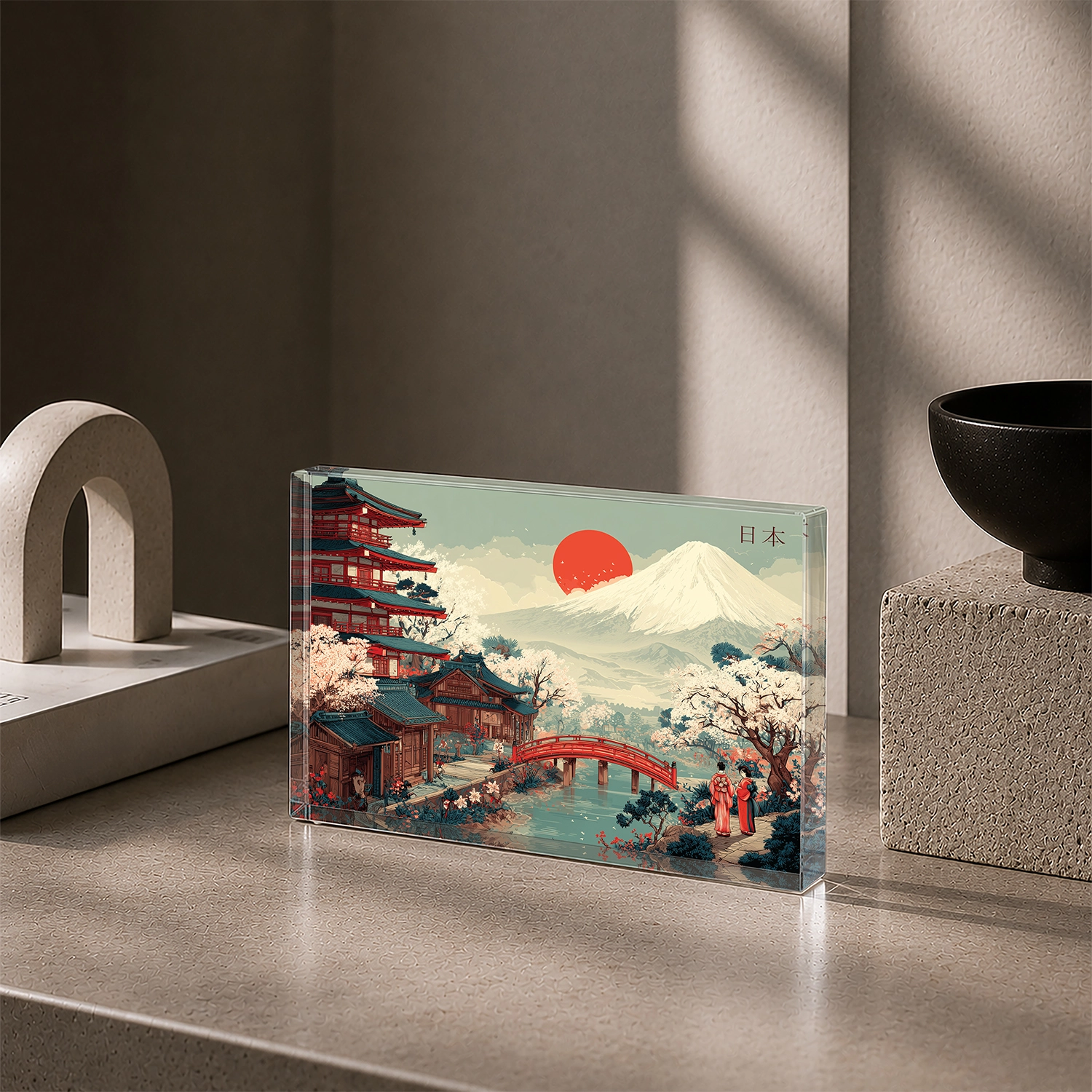 Fuji Dağı ve Japon Manzarası – Akrilik Cam Blok