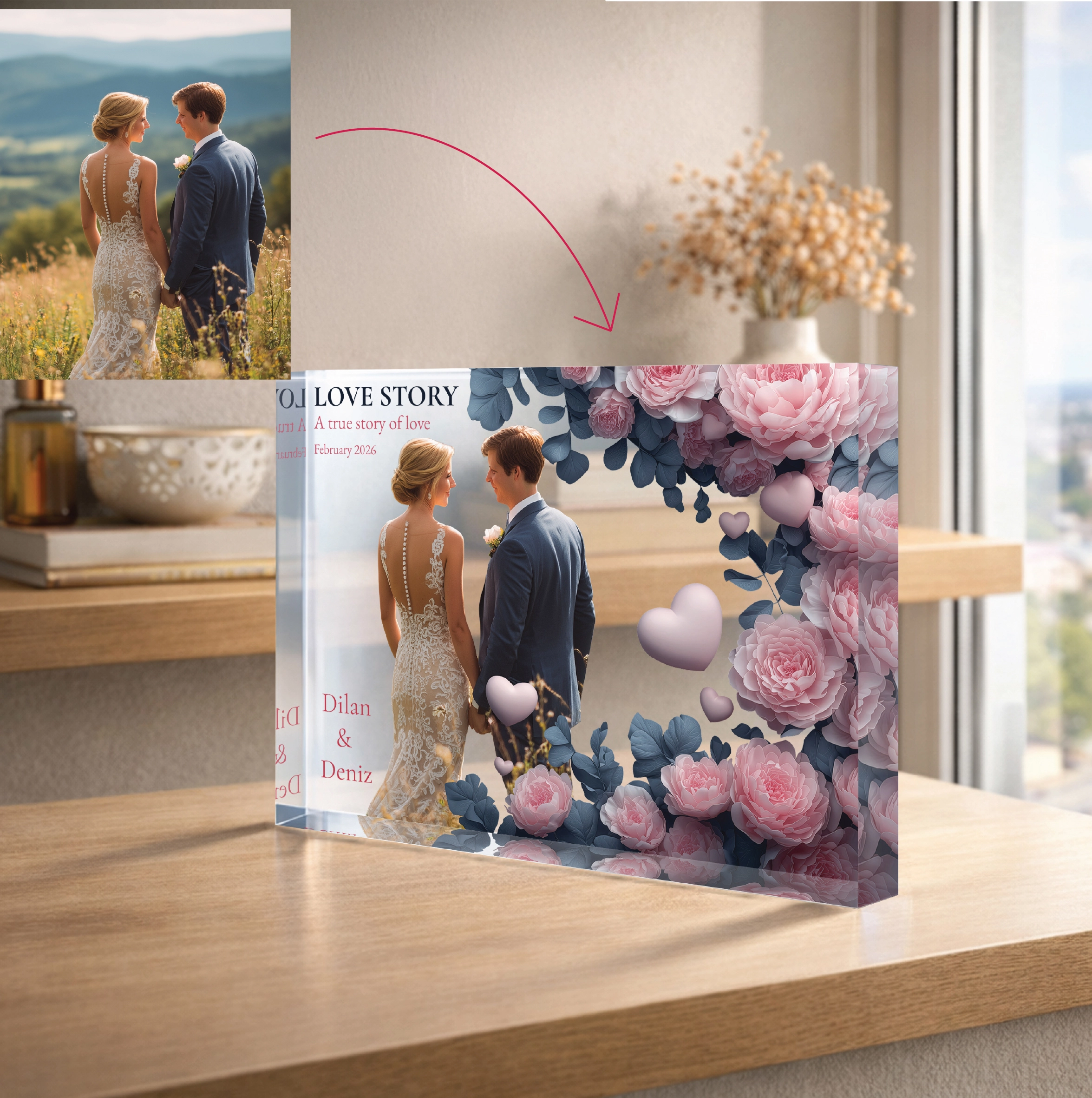Romantik Çiçek Çerçeveli Fotoğraf & Yazı Kişiselleştirilebilir Akrilik Blok