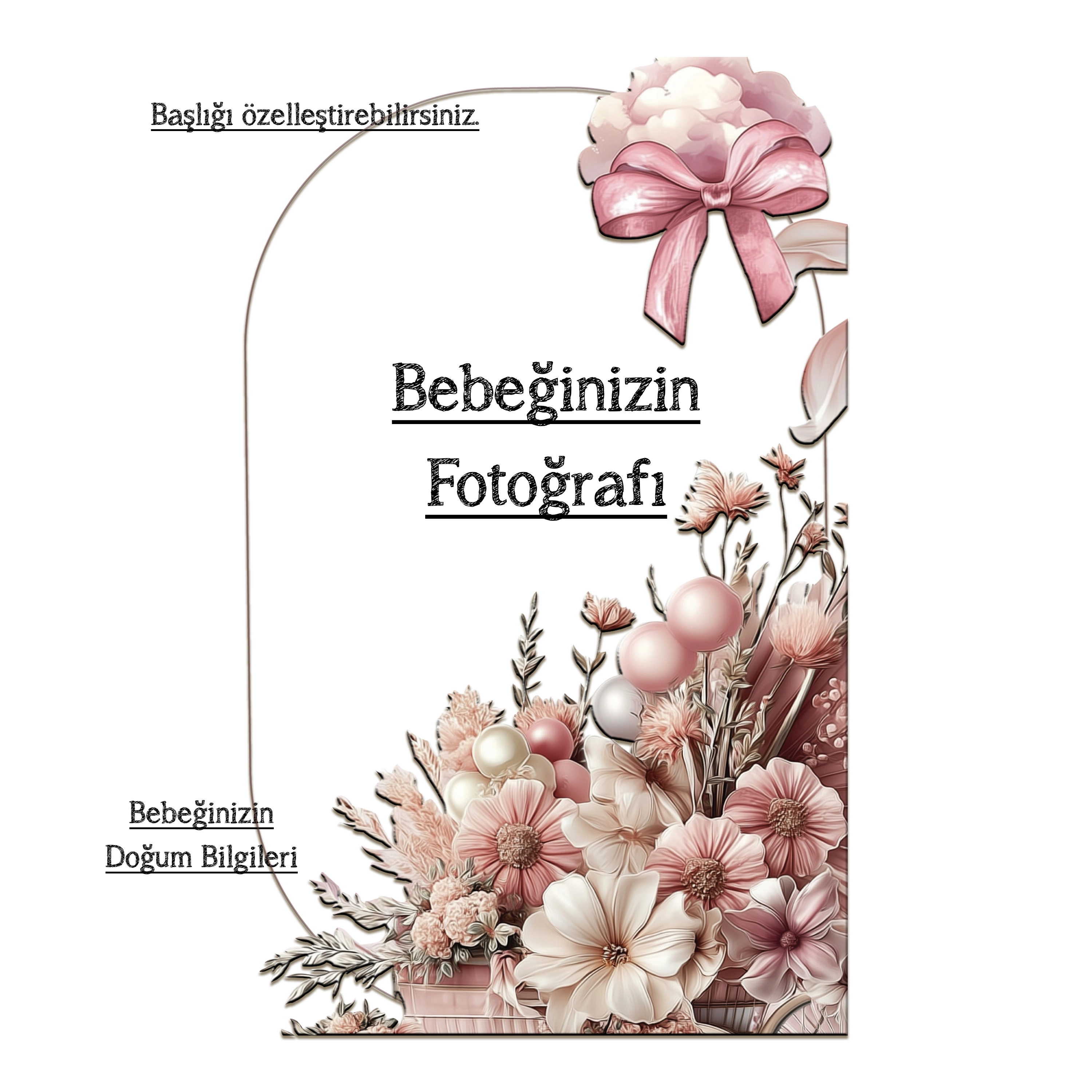 Kişiye Özel Bebek Fotoğraflı Doğum Panosu – Çiçekli Dikey Akrilik Cam Blok