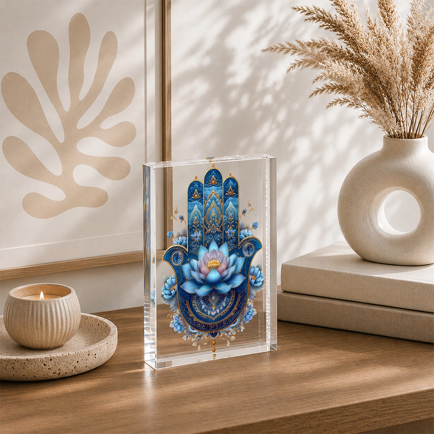 Lotus & Hamsa – Mavi Mandala Akrilik Cam Blok