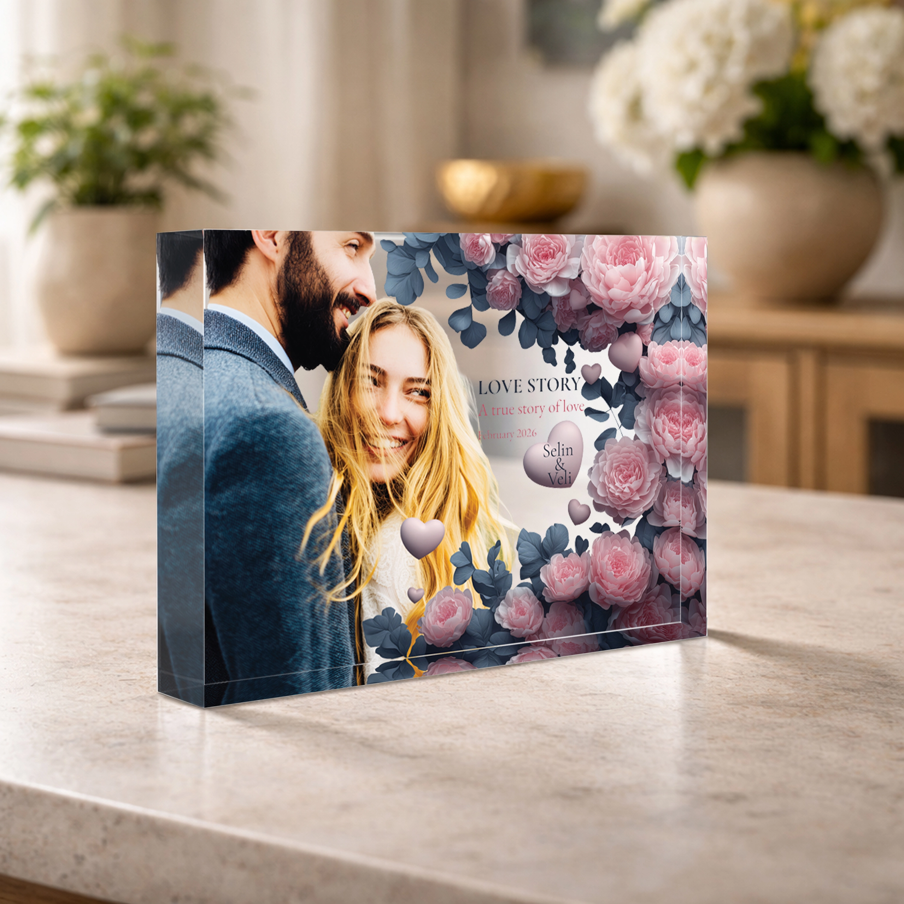 Romantik Çiçek Çerçeveli Fotoğraf & Yazı Kişiselleştirilebilir Akrilik Blok