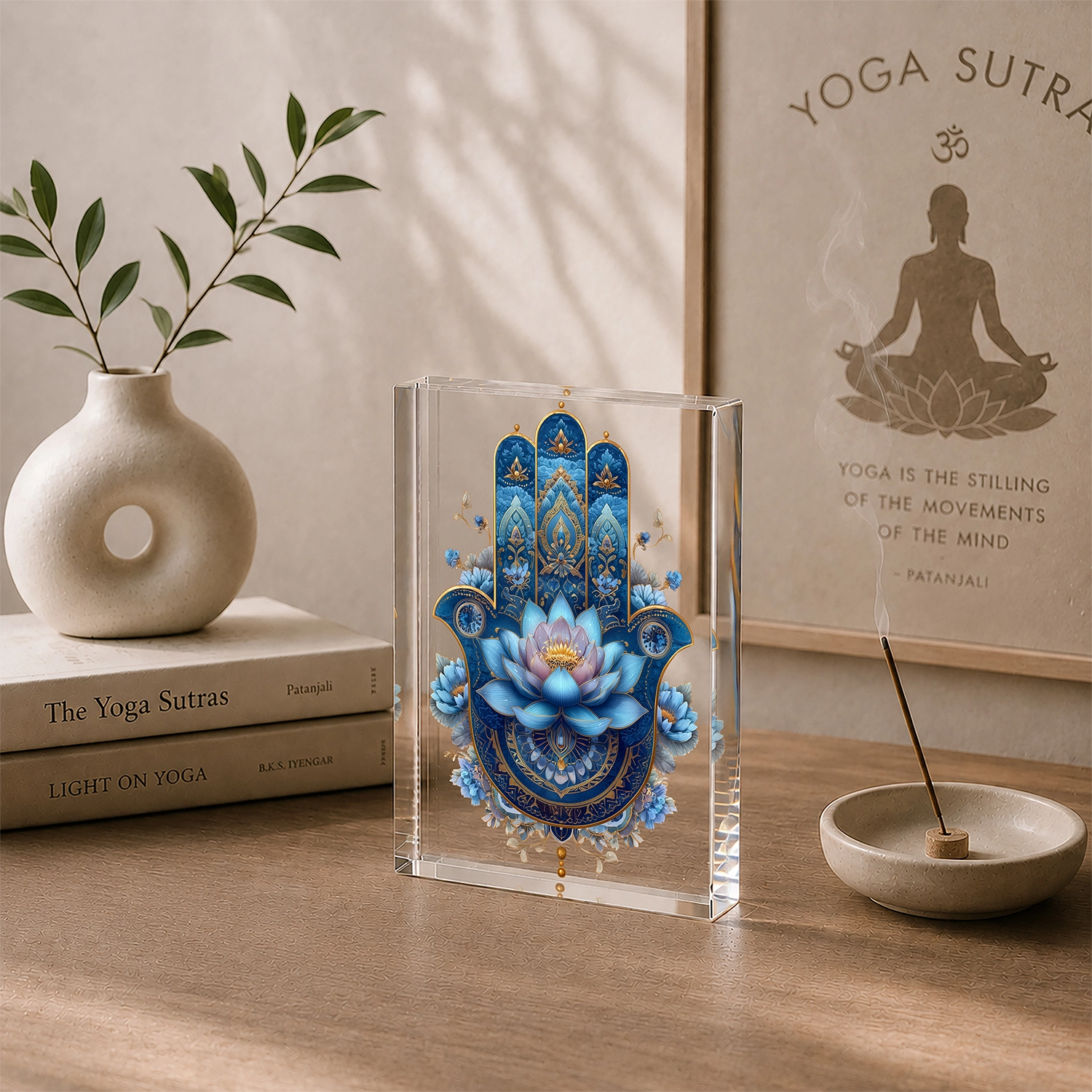Lotus & Hamsa – Mavi Mandala Akrilik Cam Blok