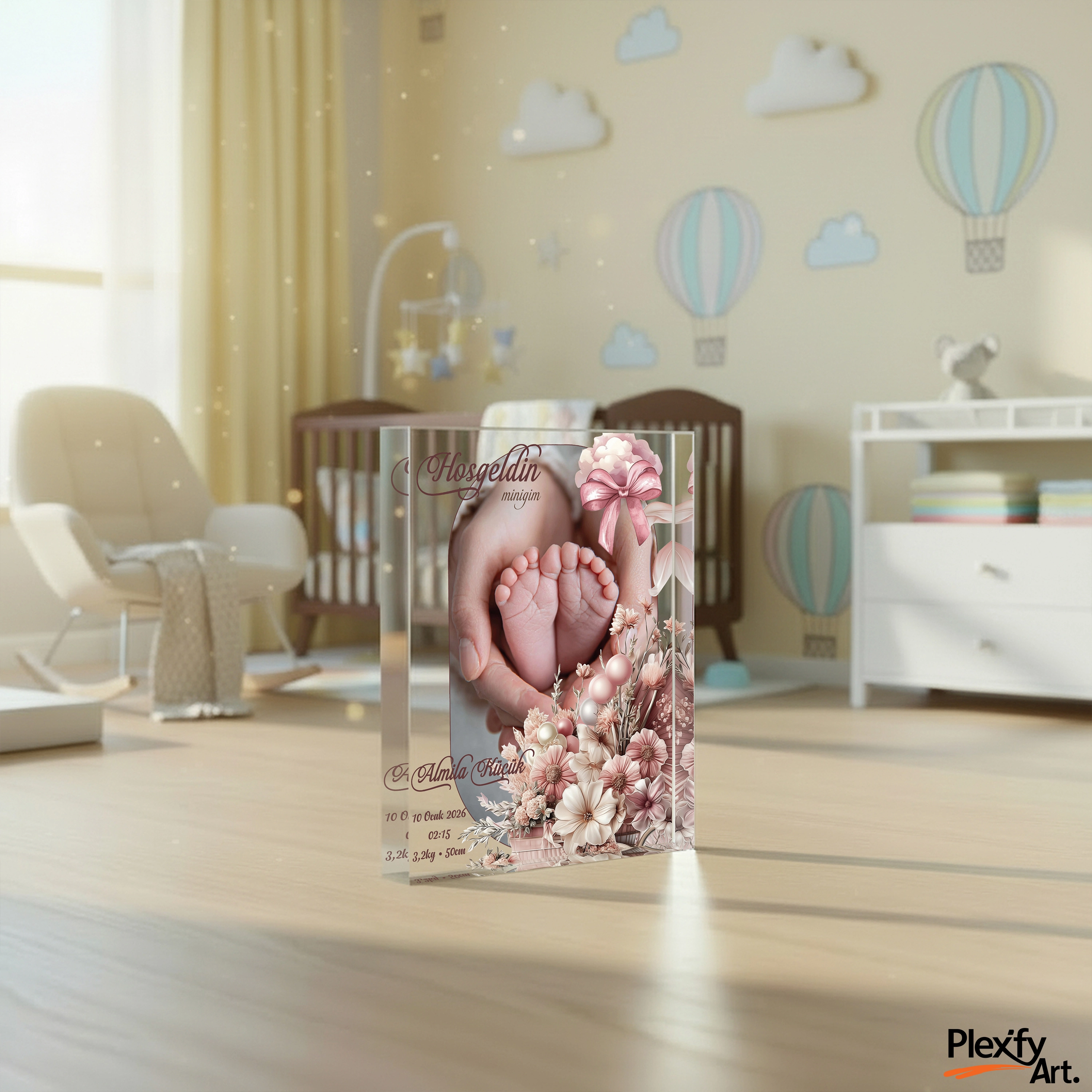 Kişiye Özel Bebek Fotoğraflı Doğum Panosu – Çiçekli Dikey Akrilik Cam Blok