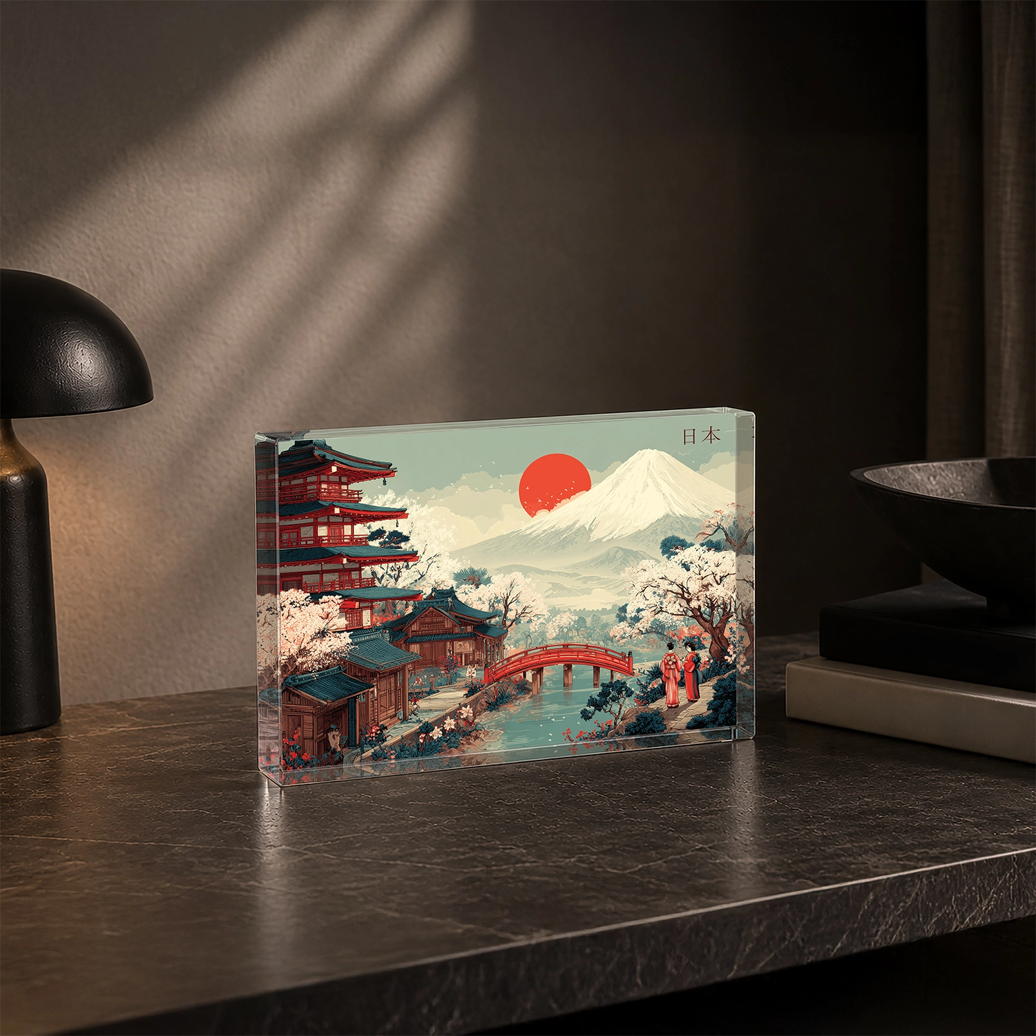 Fuji Dağı ve Japon Manzarası – Akrilik Cam Blok
