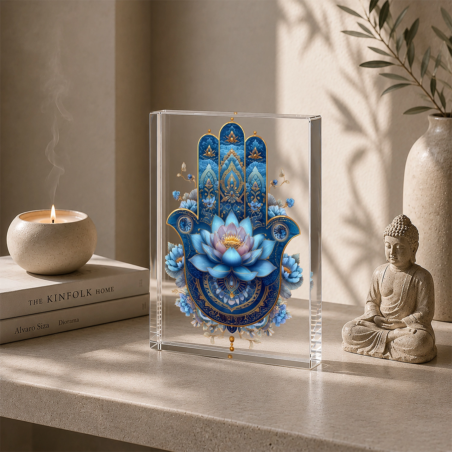 Lotus & Hamsa – Mavi Mandala Akrilik Cam Blok