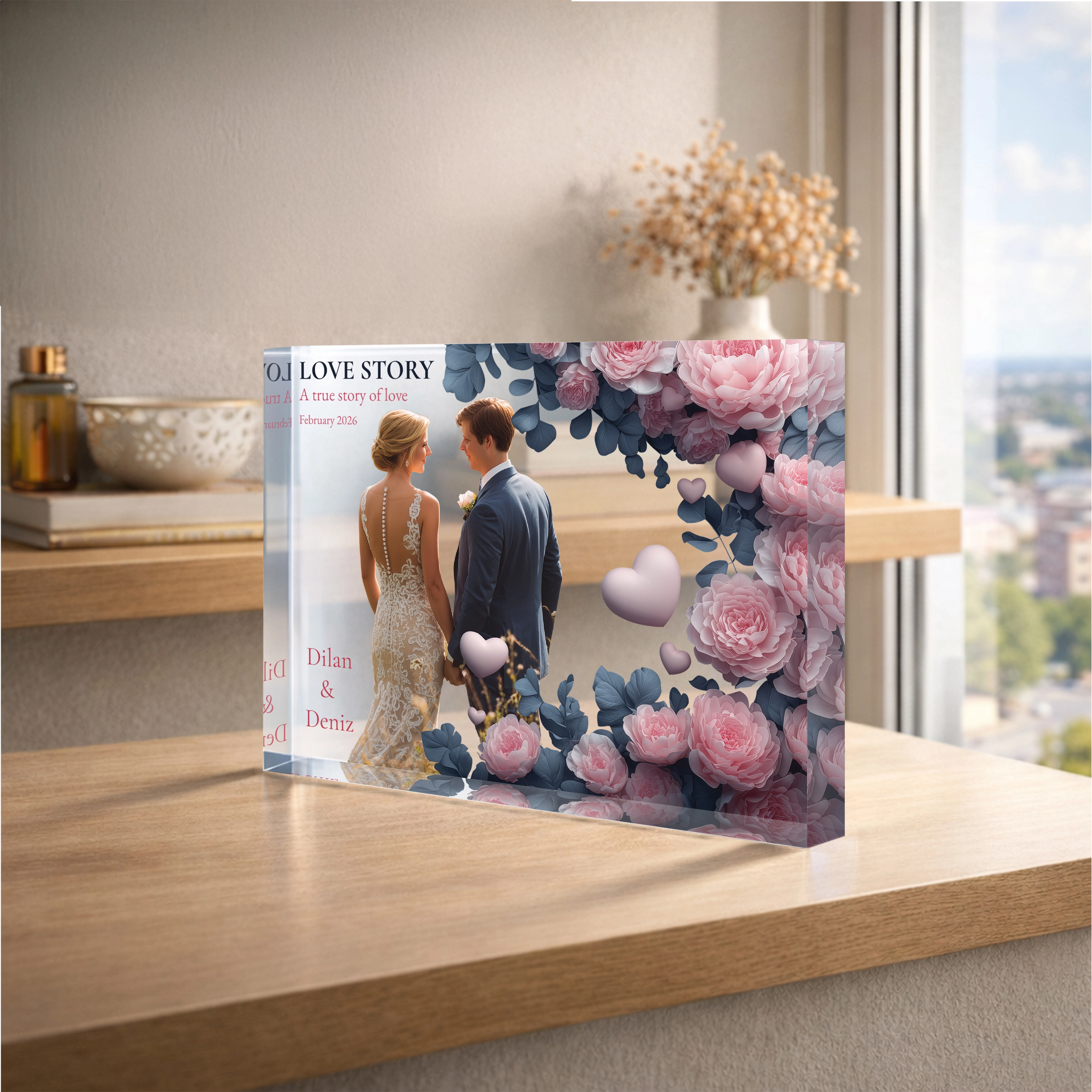 Romantik Çiçek Çerçeveli Fotoğraf & Yazı Kişiselleştirilebilir Akrilik Blok