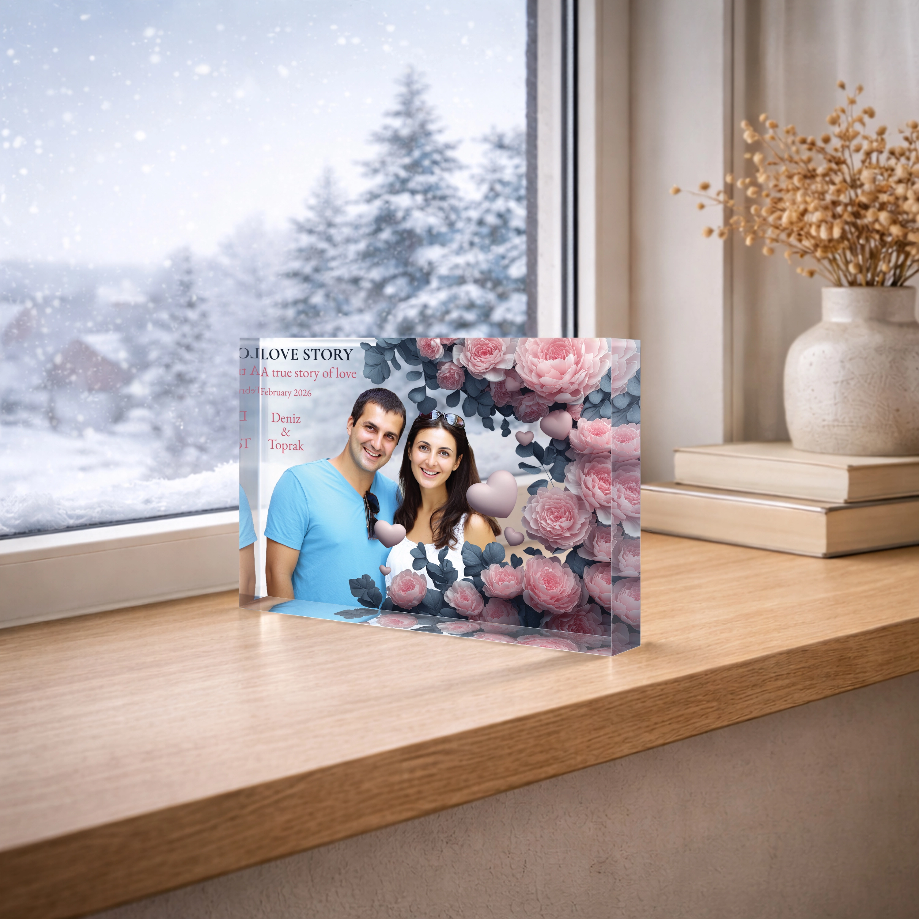 Romantik Çiçek Çerçeveli Fotoğraf & Yazı Kişiselleştirilebilir Akrilik Blok