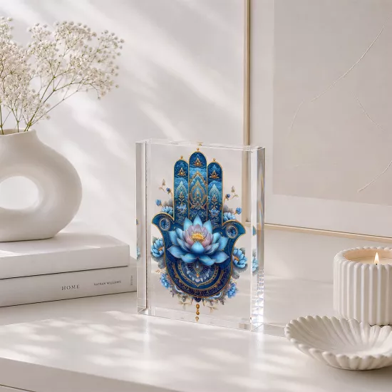 Lotus & Hamsa – Mavi Mandala Akrilik Cam Blok