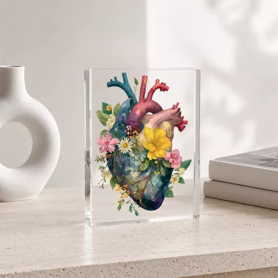 Çiçekli Anatomik Kalp Sanatı – Akrilik Cam Blok