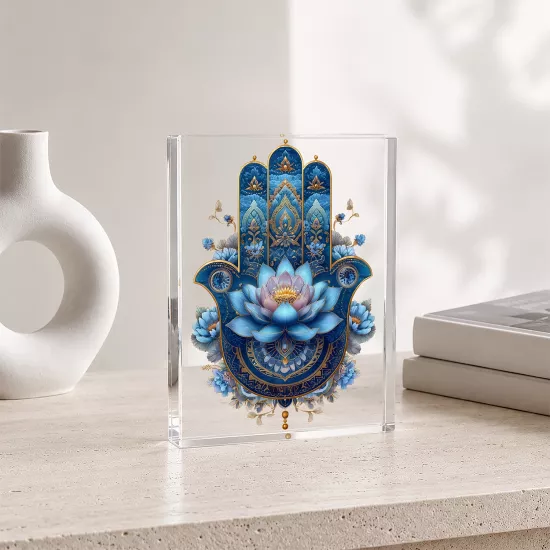 Lotus & Hamsa – Mavi Mandala Akrilik Cam Blok