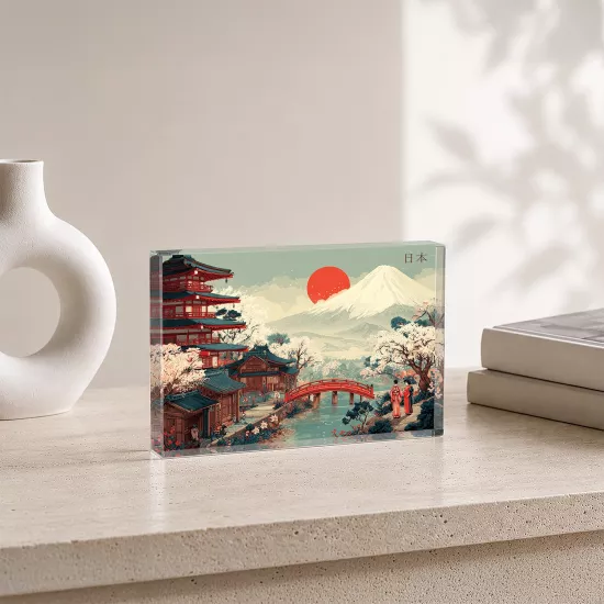 Fuji Dağı ve Japon Manzarası – Akrilik Cam Blok