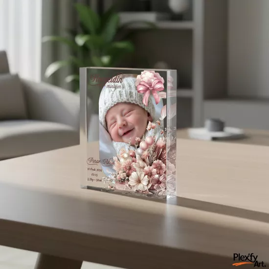 Kişiye Özel Bebek Fotoğraflı Doğum Panosu – Çiçekli Dikey Akrilik Cam Blok