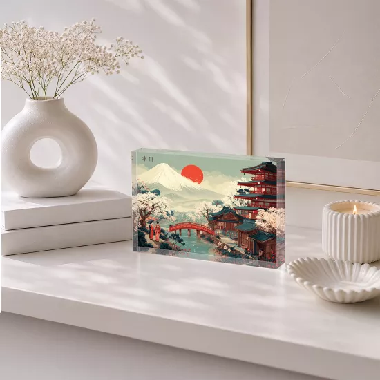 Fuji Dağı ve Japon Manzarası – Akrilik Cam Blok
